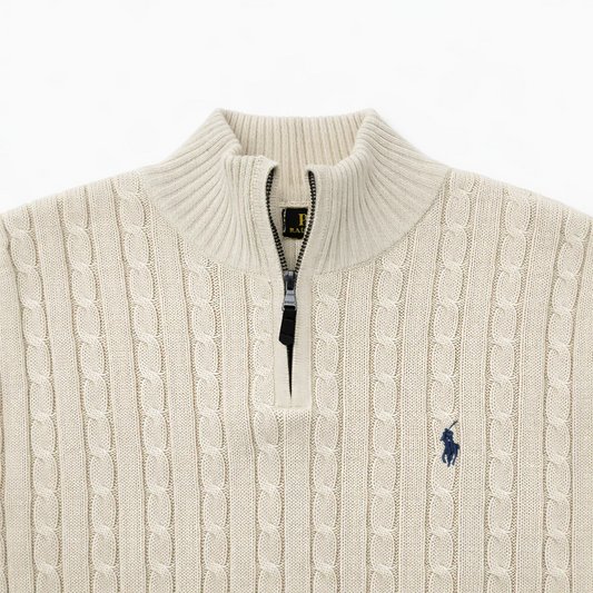 R.L (Imported) Premium Cable-Knit Half Zipper Cotton Sweater (Andover White) Pre-Order