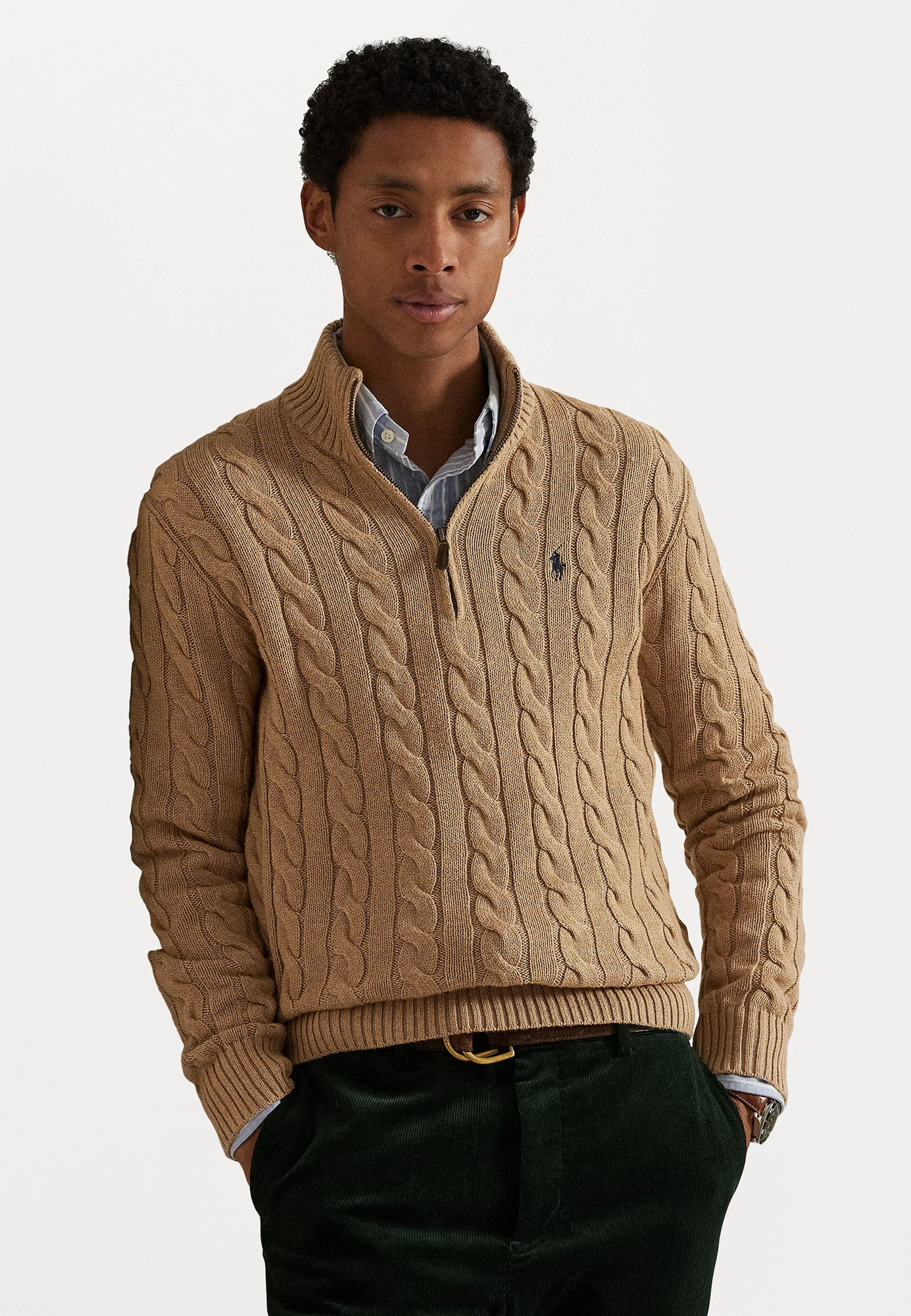 R.L Premium Cable-Knit Half Zipper Cotton Sweater (Beige)