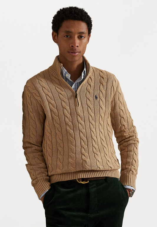 R.L Premium Cable-Knit Half Zipper Cotton Sweater (Beige)