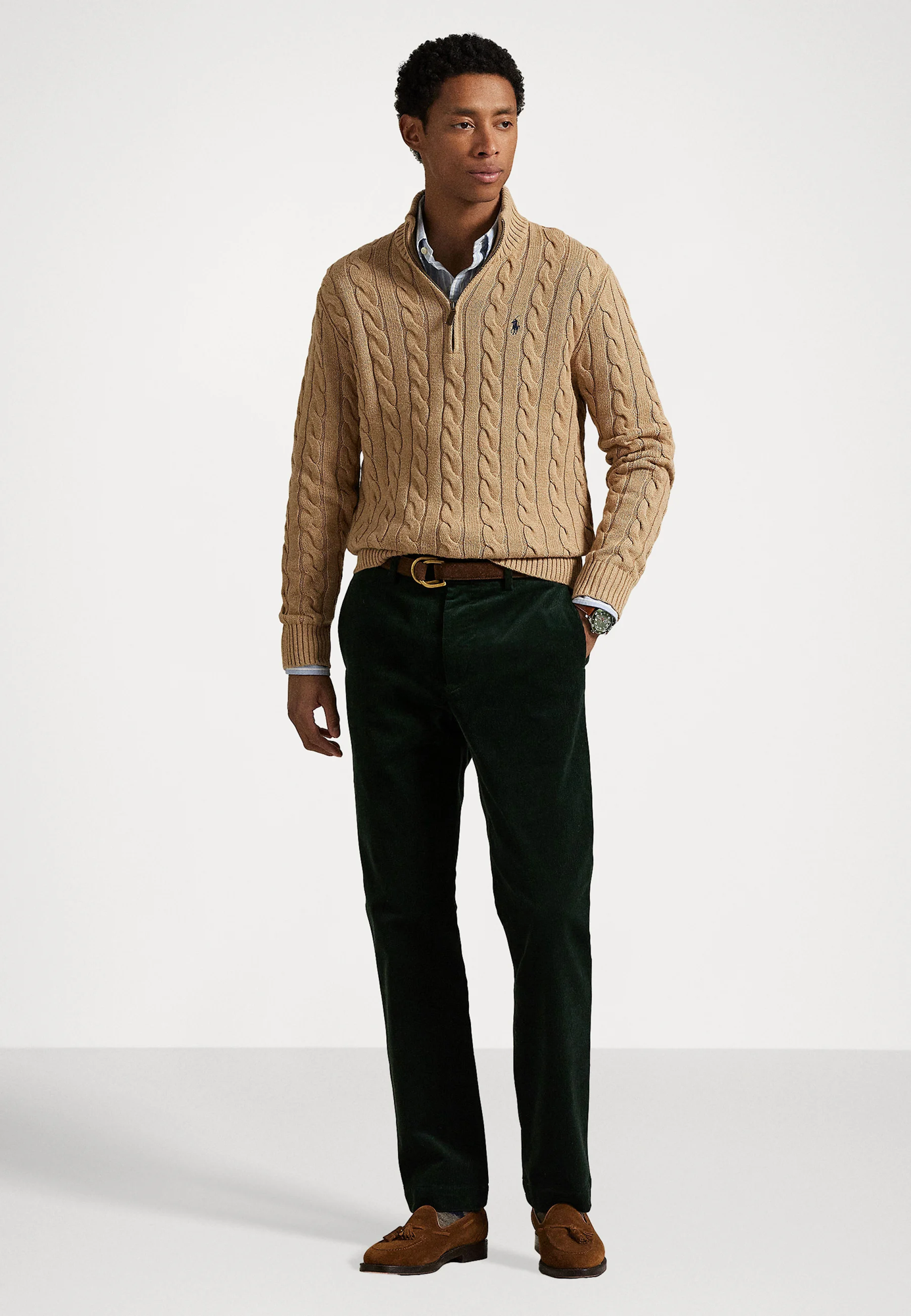 R.L Premium Cable-Knit Half Zipper Cotton Sweater (Beige)