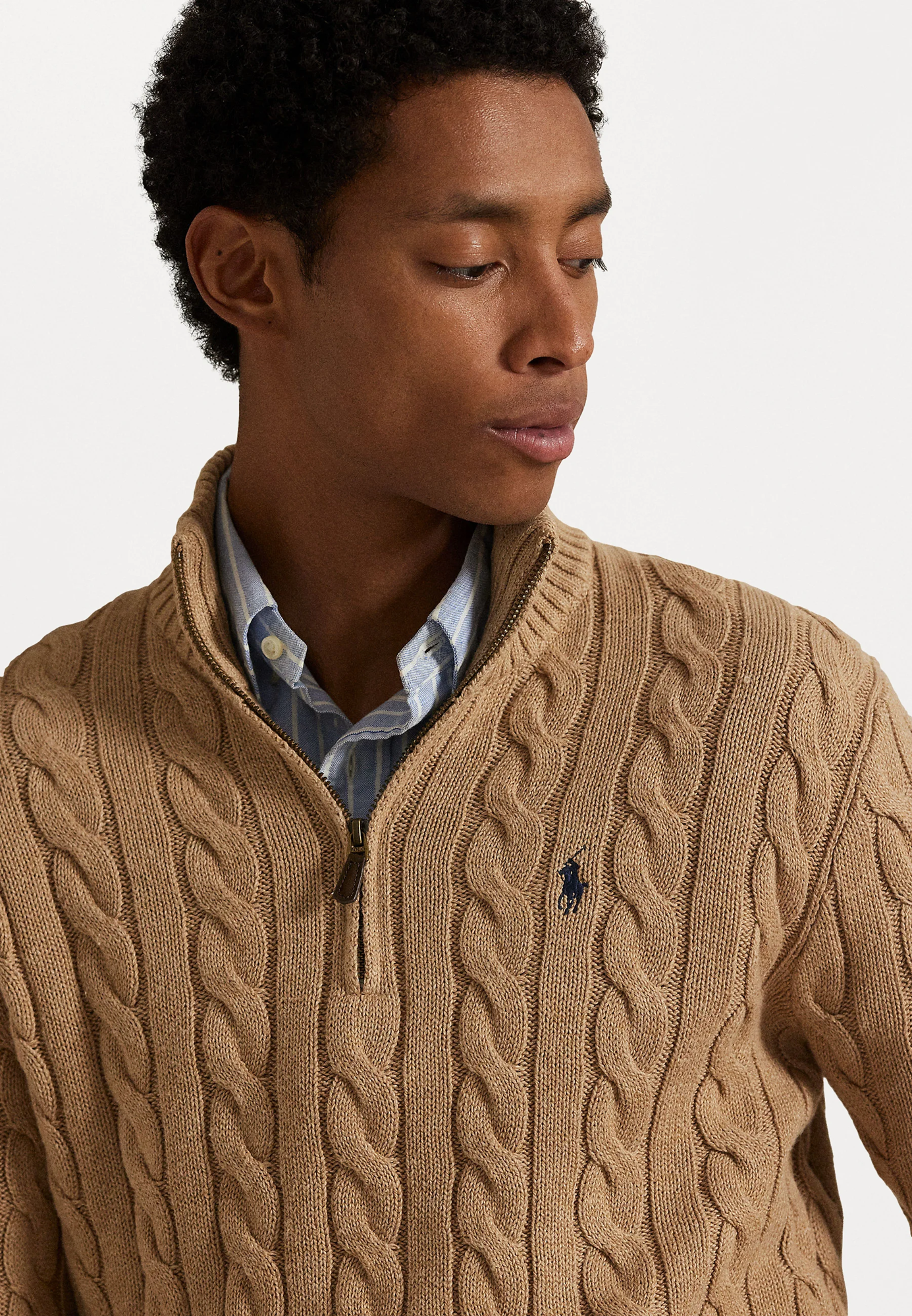 R.L Premium Cable-Knit Half Zipper Cotton Sweater (Beige)