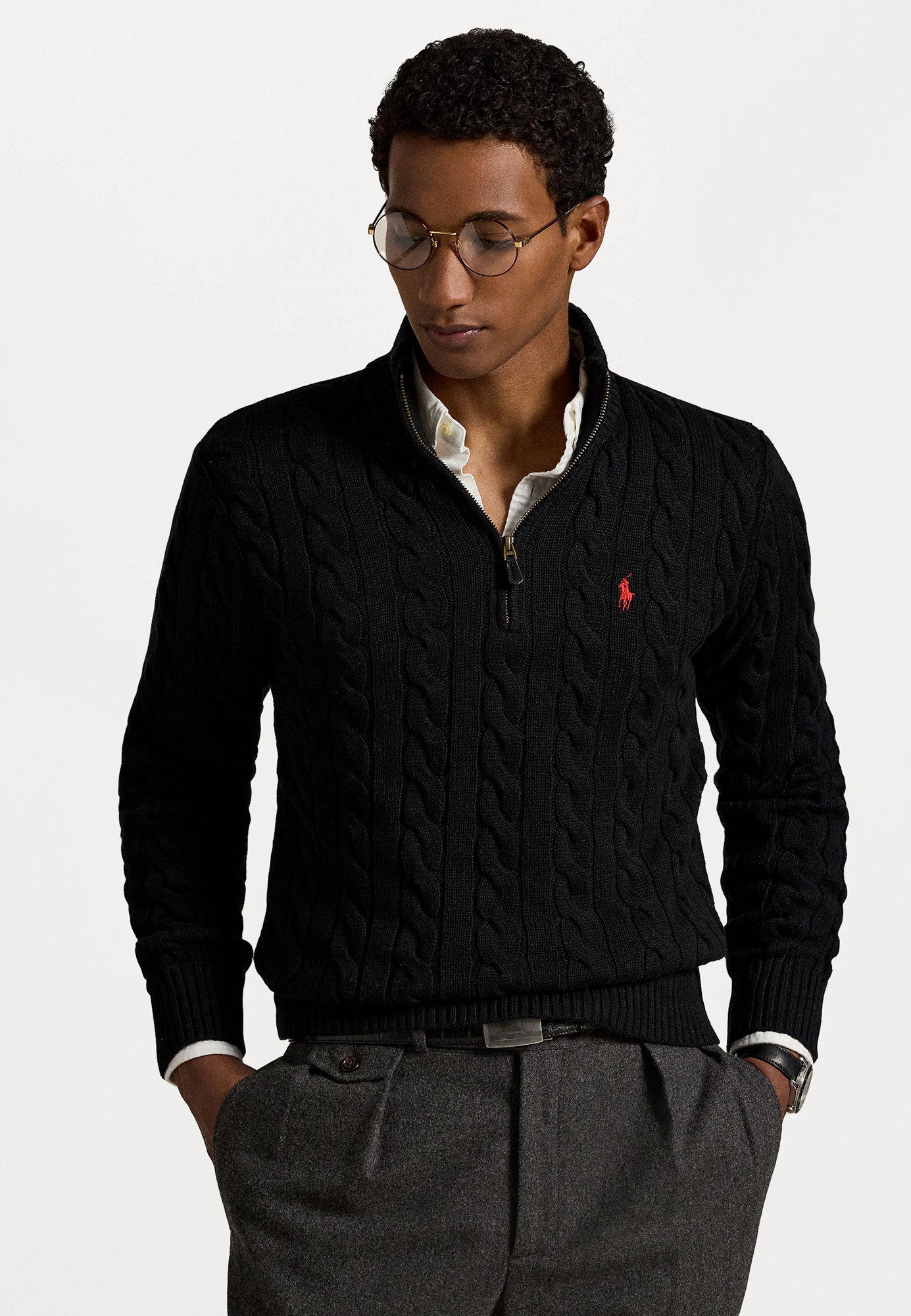 R.L Premium Cable-Knit Half Zipper Cotton Sweater (Black)