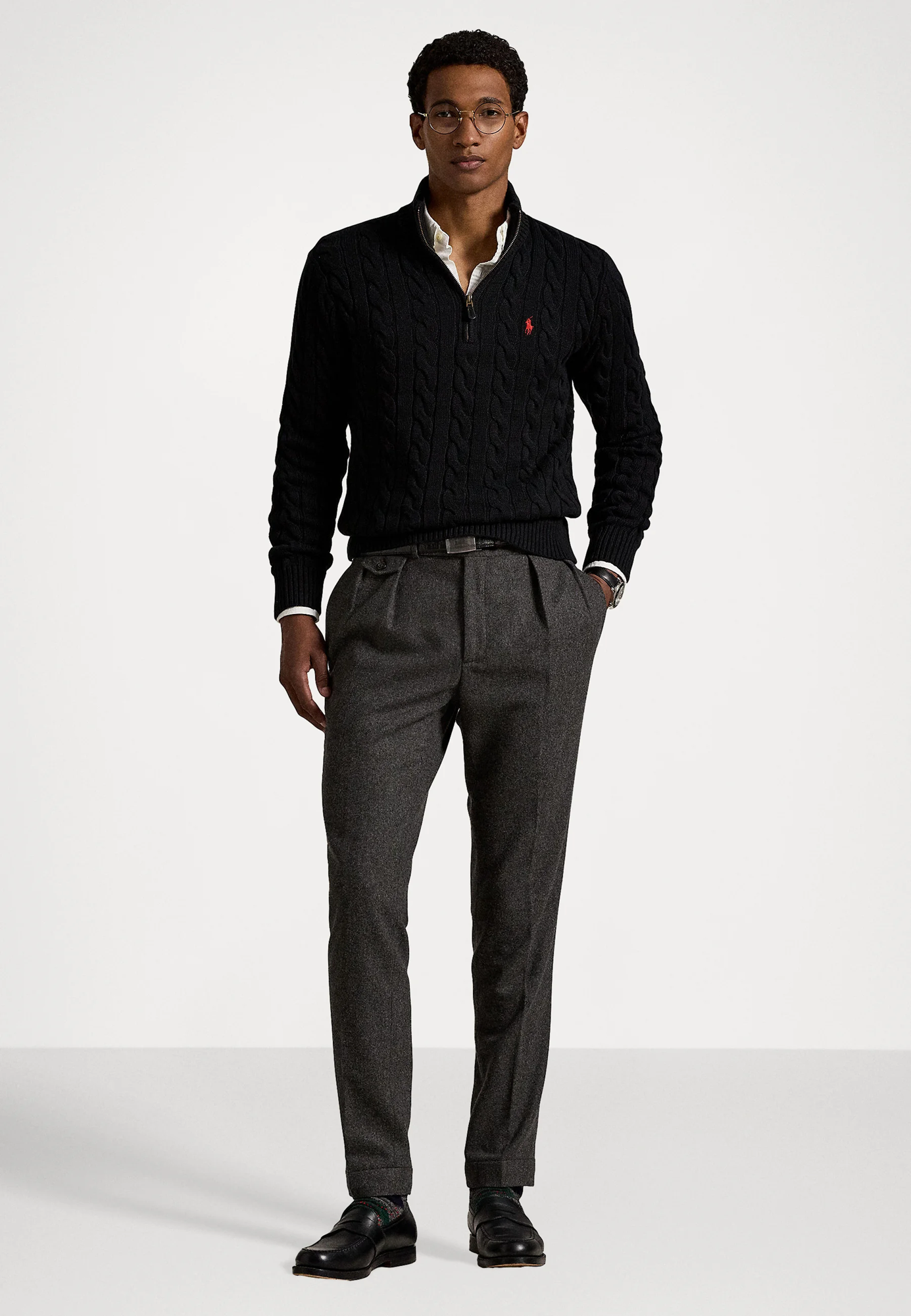R.L Premium Cable-Knit Half Zipper Cotton Sweater (Black)