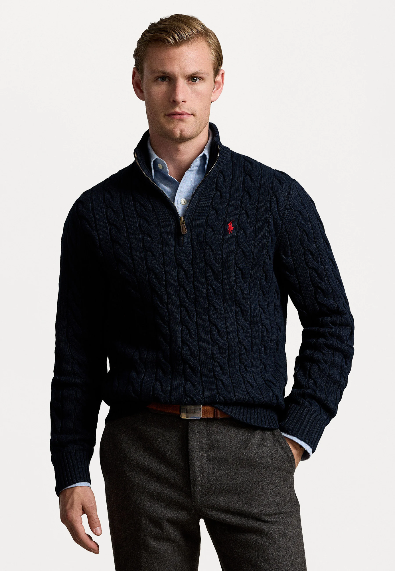 R.L Premium Cable-Knit Half Zipper Cotton Sweater (Navy Blue)