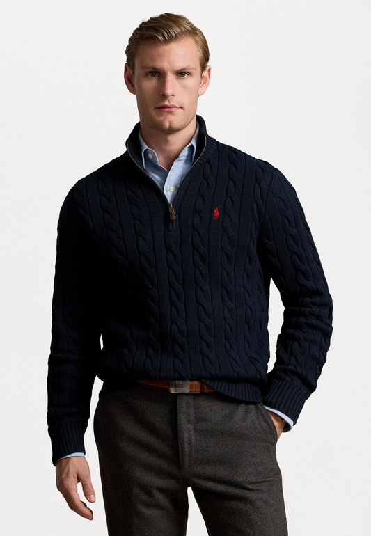 R.L Premium Cable-Knit Half Zipper Cotton Sweater (Navy Blue)