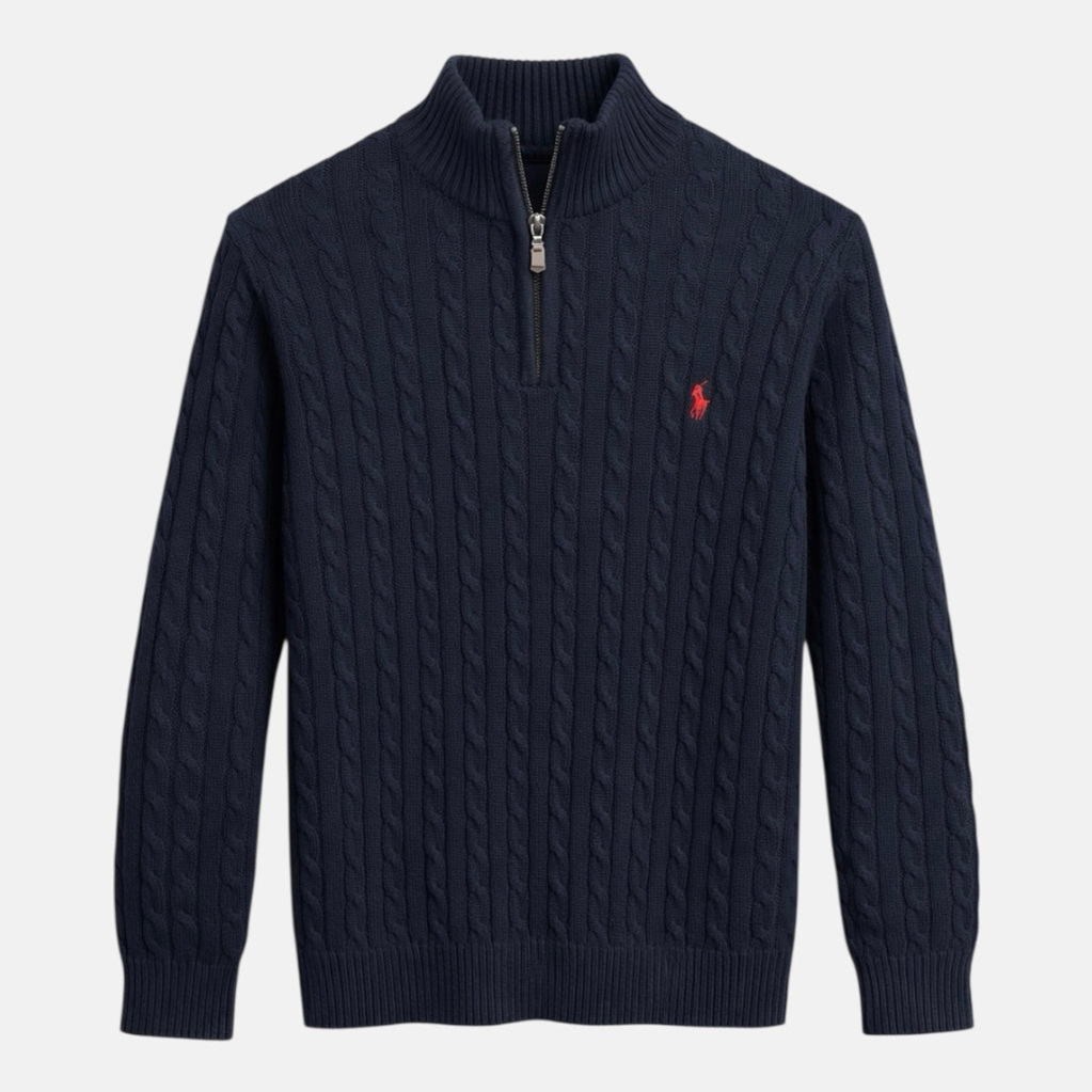R.L (Imported) Premium Cable-Knit Half Zipper Cotton Sweater (Navy Blue)