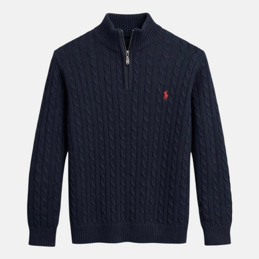 R.L (Imported) Premium Cable-Knit Half Zipper Cotton Sweater (Navy Blue)
