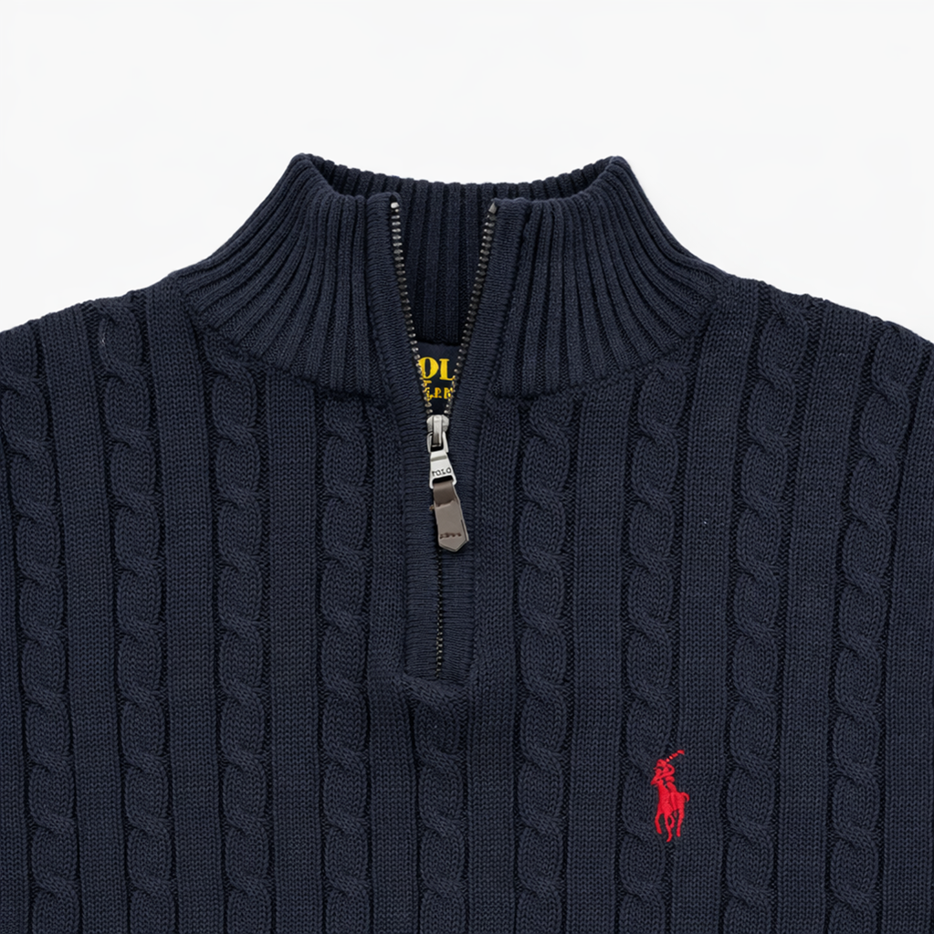 R.L (Imported) Premium Cable-Knit Half Zipper Cotton Sweater (Navy Blue)