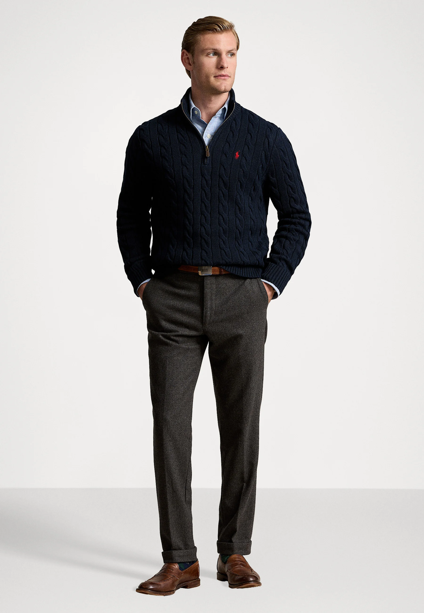 R.L Premium Cable-Knit Half Zipper Cotton Sweater (Navy Blue)
