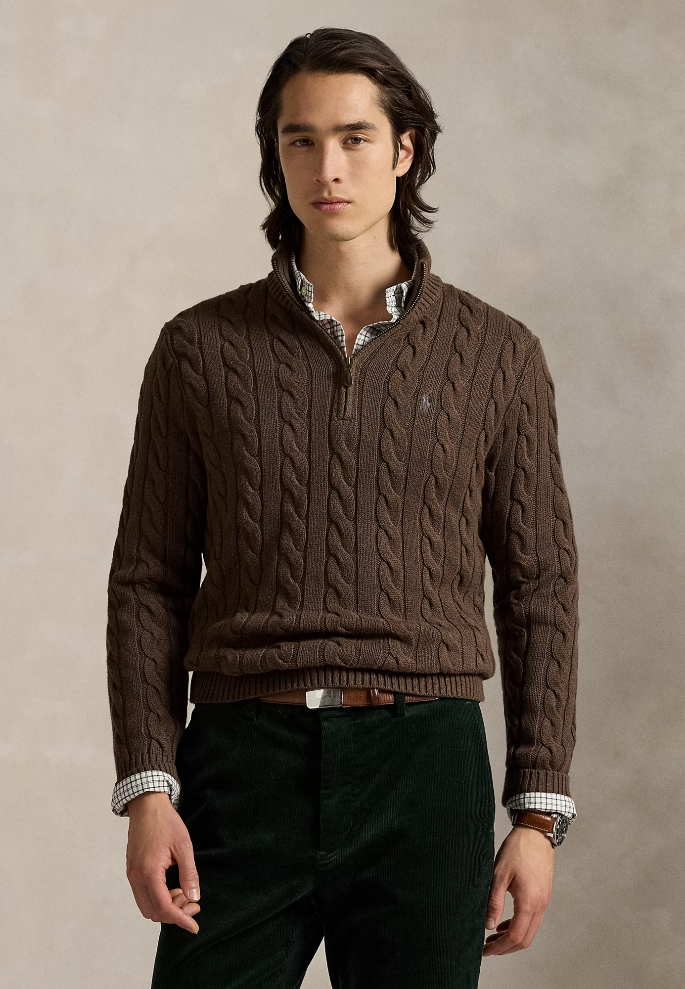 R.L Premium Cable-Knit Half Zipper Cotton Sweater (Chocolate Brown)