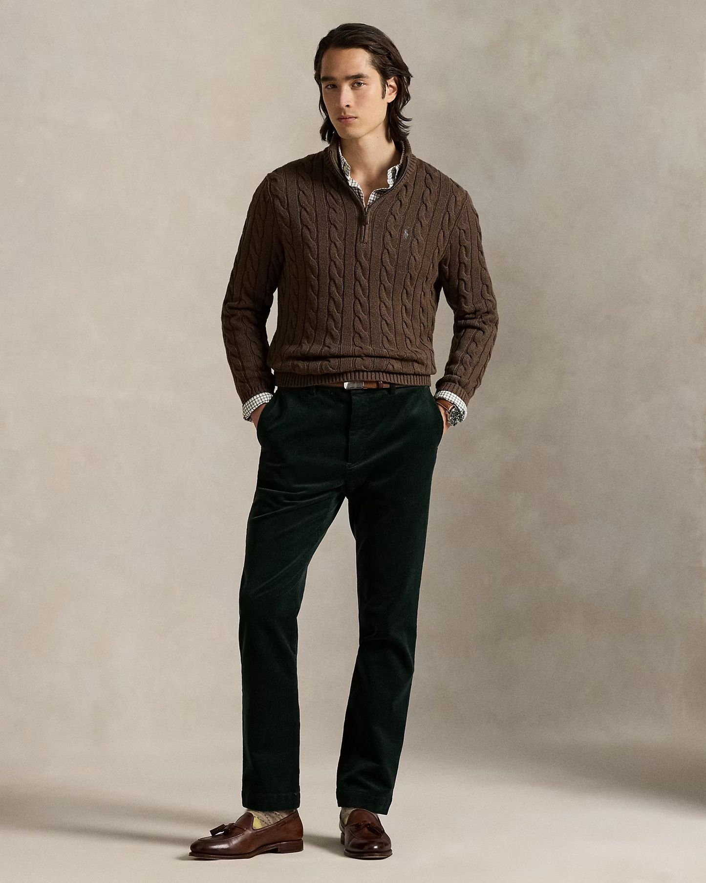 R.L Premium Cable-Knit Half Zipper Cotton Sweater (Chocolate Brown)