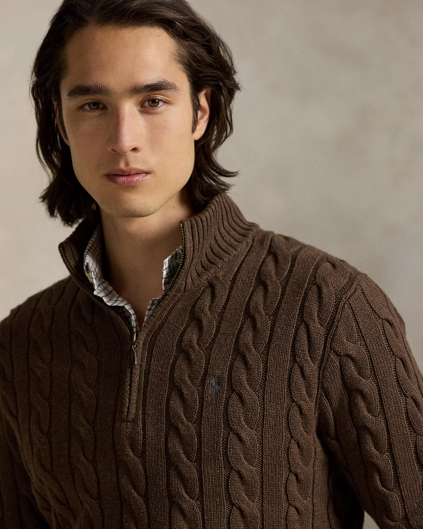 R.L Premium Cable-Knit Half Zipper Cotton Sweater (Chocolate Brown)