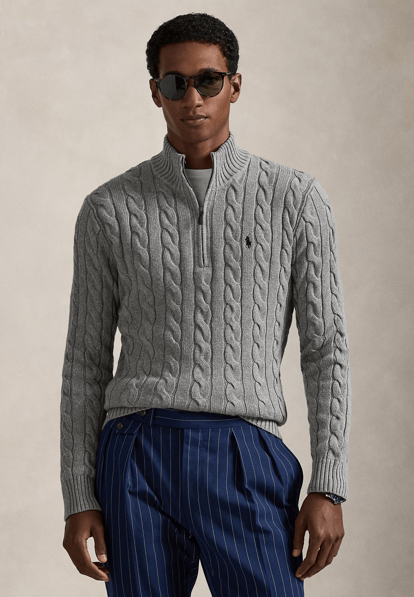 R.L Premium Cable-Knit Half Zipper Cotton Sweater (Grey)
