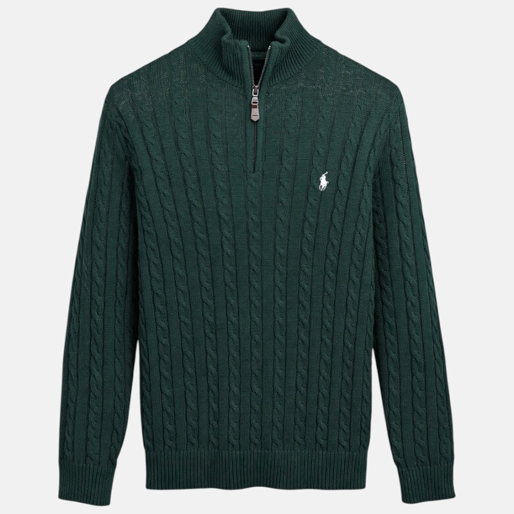 R.L (Imported) Premium Cable-Knit Half Zipper Cotton Sweater (Green)