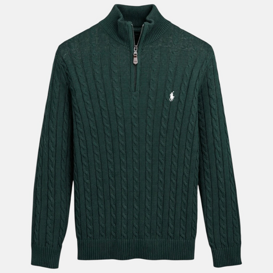 R.L (Imported) Premium Cable-Knit Half Zipper Cotton Sweater (Green)