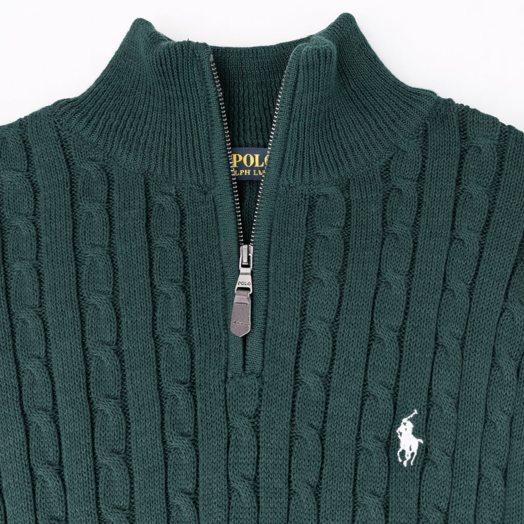 R.L (Imported) Premium Cable-Knit Half Zipper Cotton Sweater (Green)