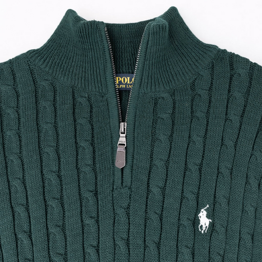 R.L (Imported) Premium Cable-Knit Half Zipper Cotton Sweater (Green)