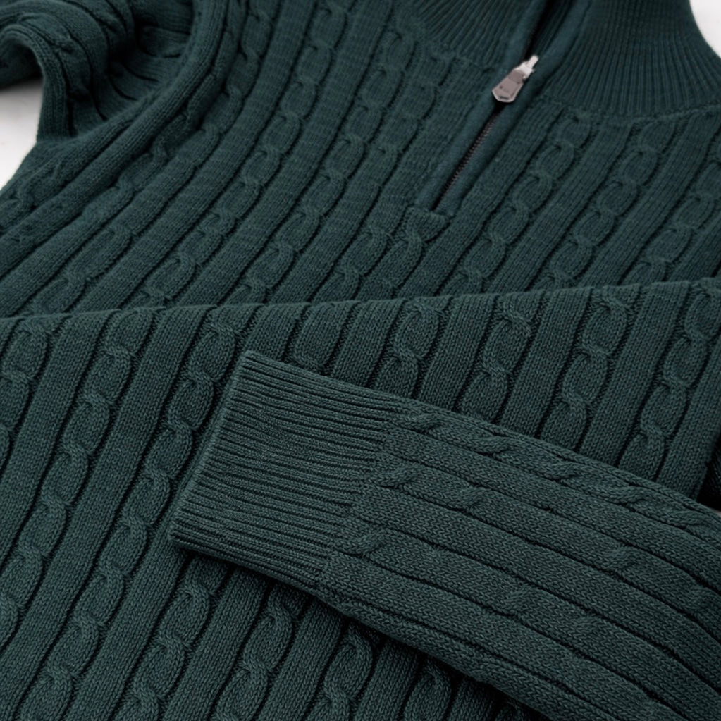R.L (Imported) Premium Cable-Knit Half Zipper Cotton Sweater (Green)