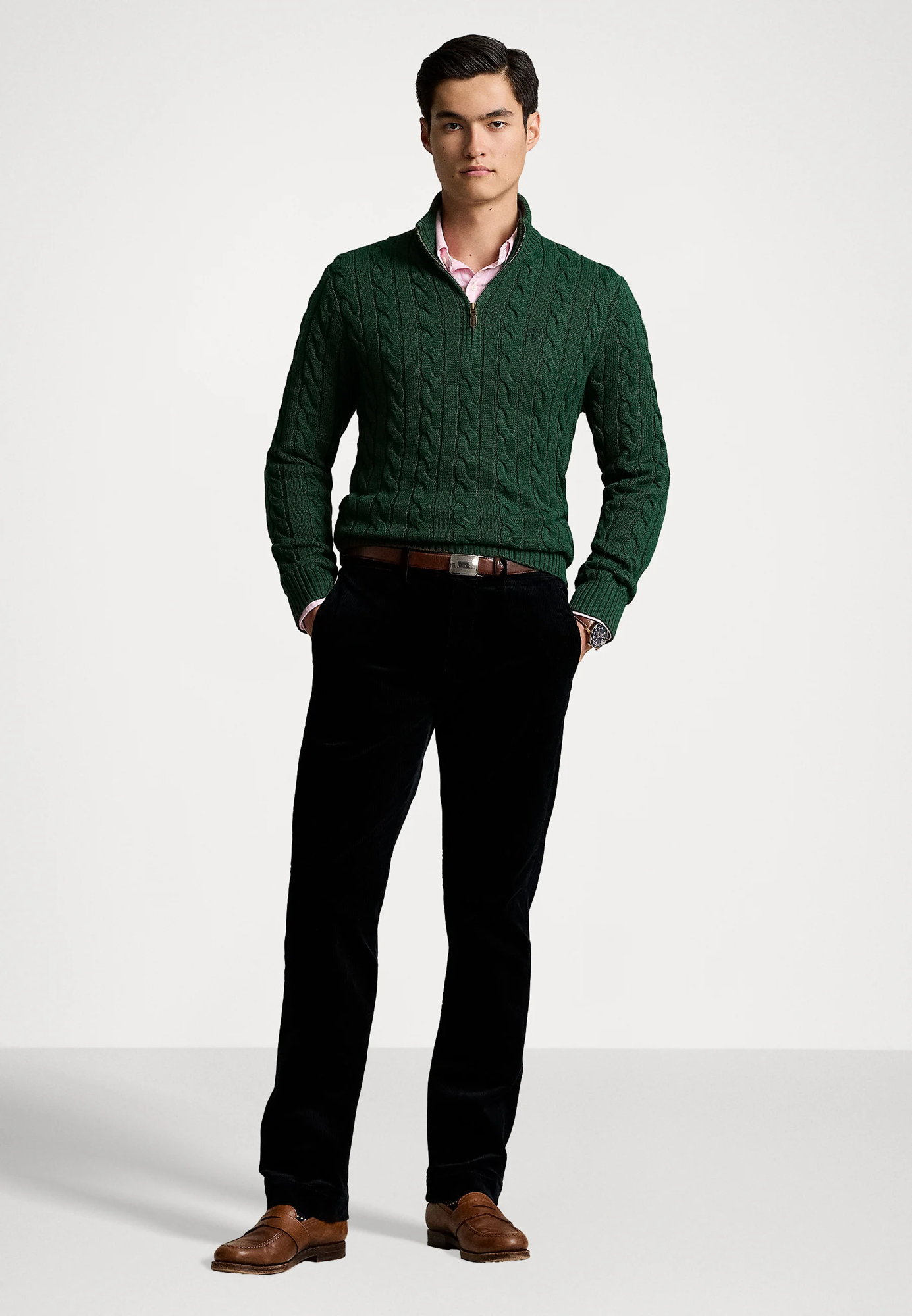 R.L Premium Cable-Knit Half Zipper Cotton Sweater (Green)