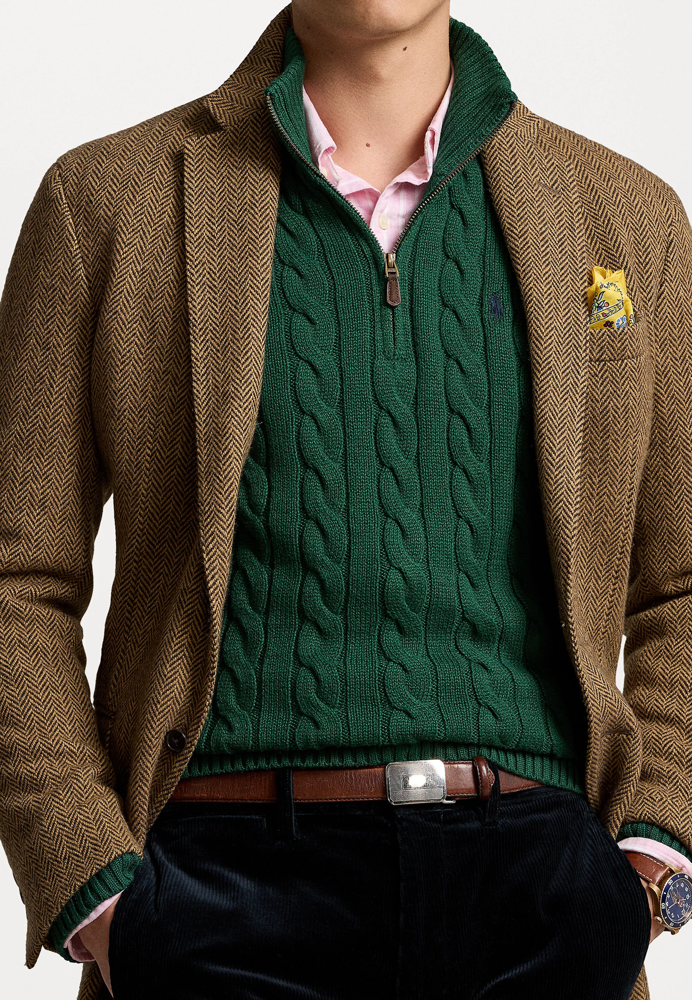 R.L Premium Cable-Knit Half Zipper Cotton Sweater (Green)