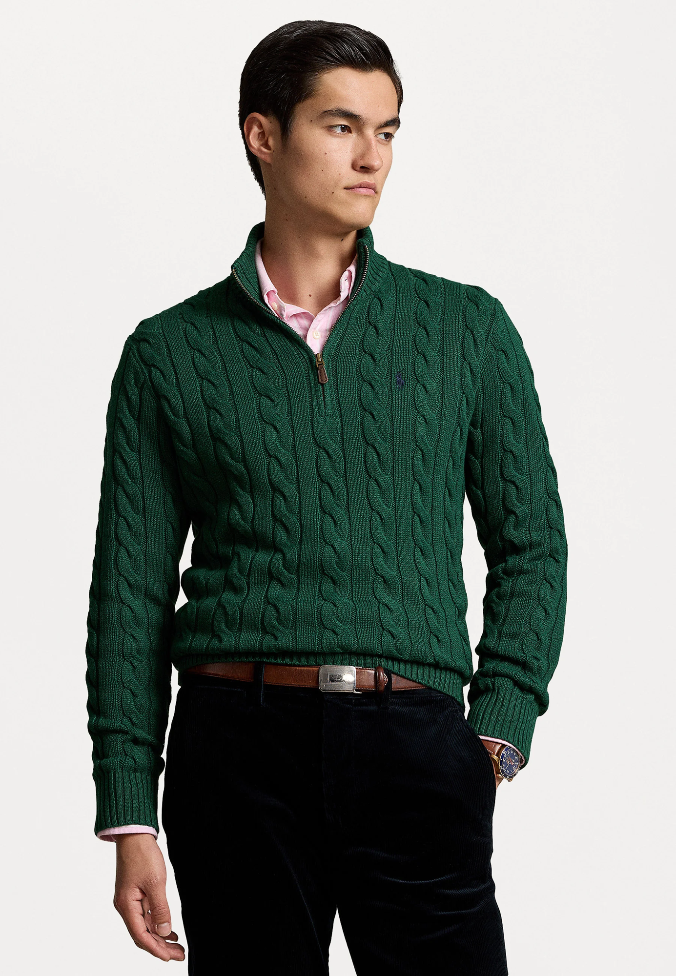 R.L Premium Cable-Knit Half Zipper Cotton Sweater (Green)