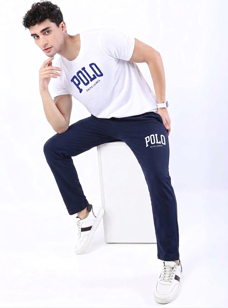 RL Polo Premium Cotton Tracksuit  (White & Navy)    (Shirt & Trouser)
