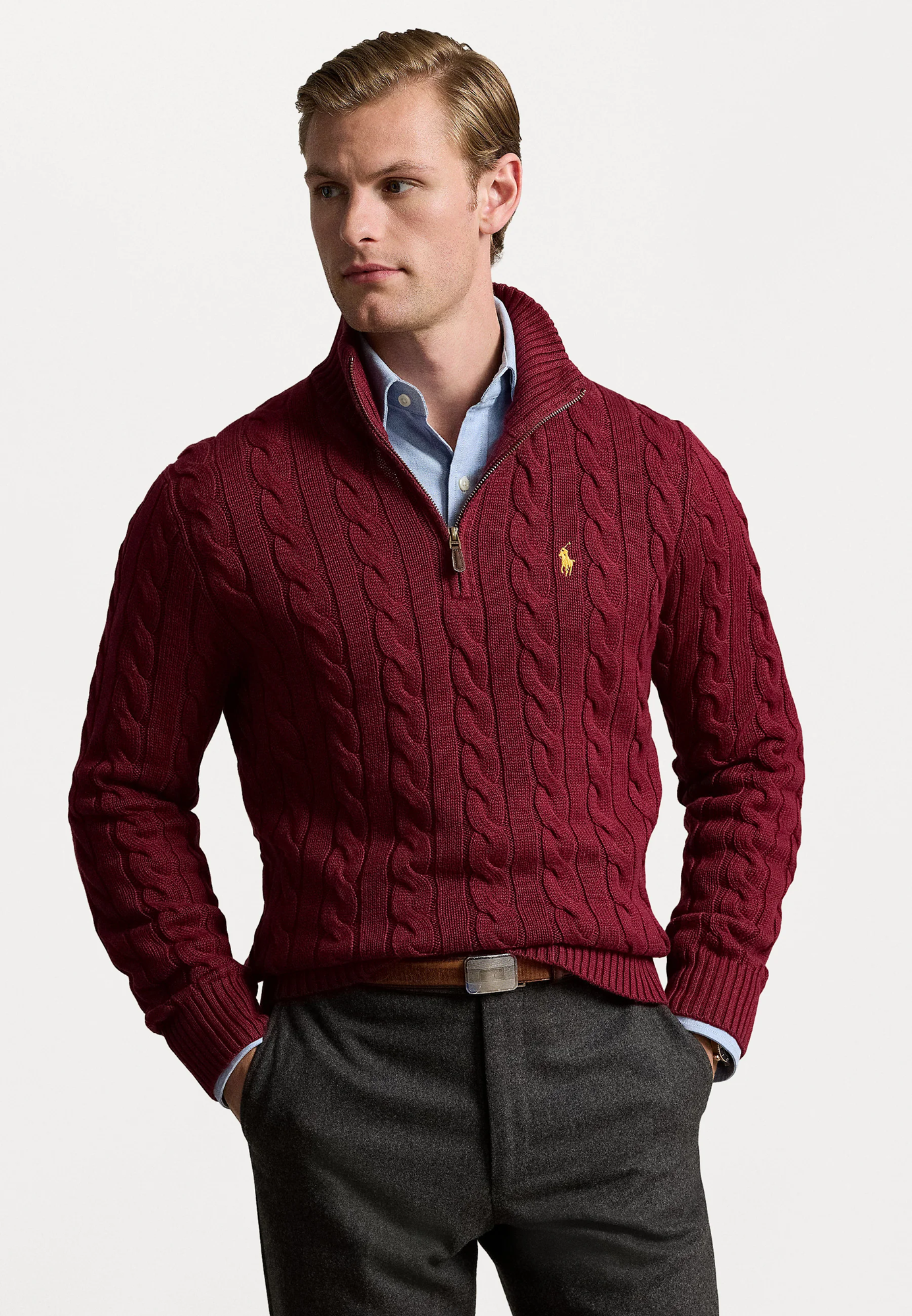 R.L Premium Cable-Knit Half Zipper Cotton Sweater (Meroon)