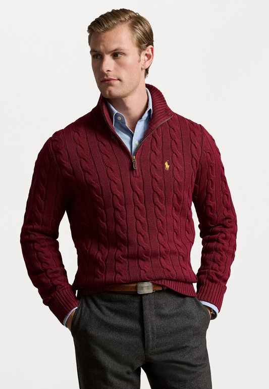 R.L Premium Cable-Knit Half Zipper Cotton Sweater (Meroon)