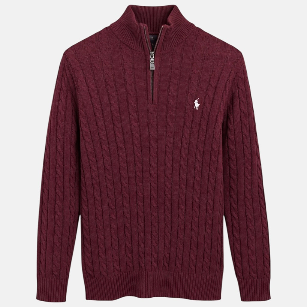 R.L (Imported) Premium Cable-Knit Half Zipper Cotton Sweater (Meroon)