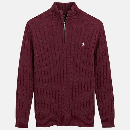 R.L (Imported) Premium Cable-Knit Half Zipper Cotton Sweater (Meroon)