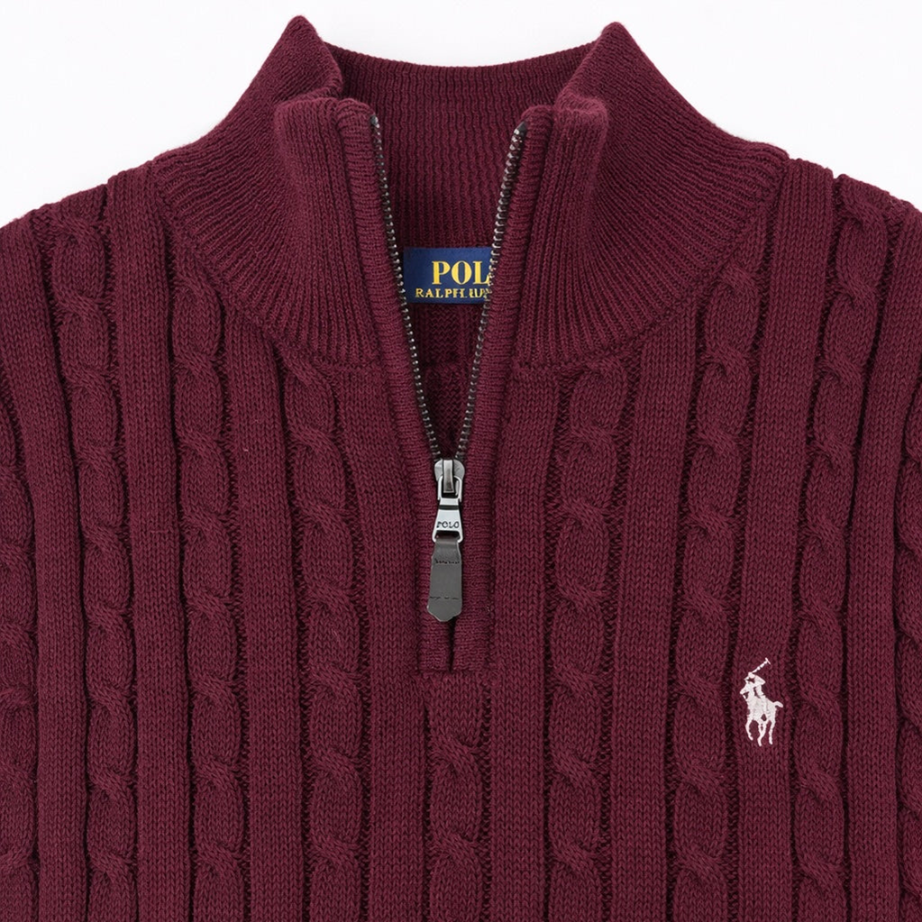 R.L (Imported) Premium Cable-Knit Half Zipper Cotton Sweater (Meroon)