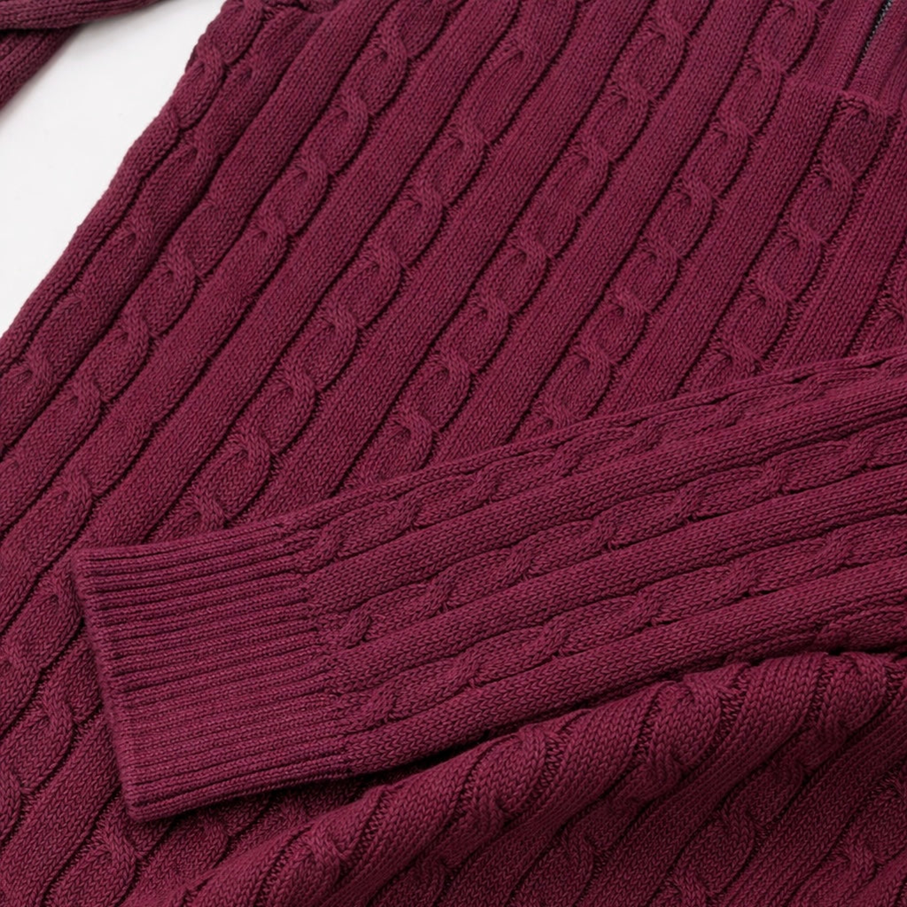 R.L (Imported) Premium Cable-Knit Half Zipper Cotton Sweater (Meroon)