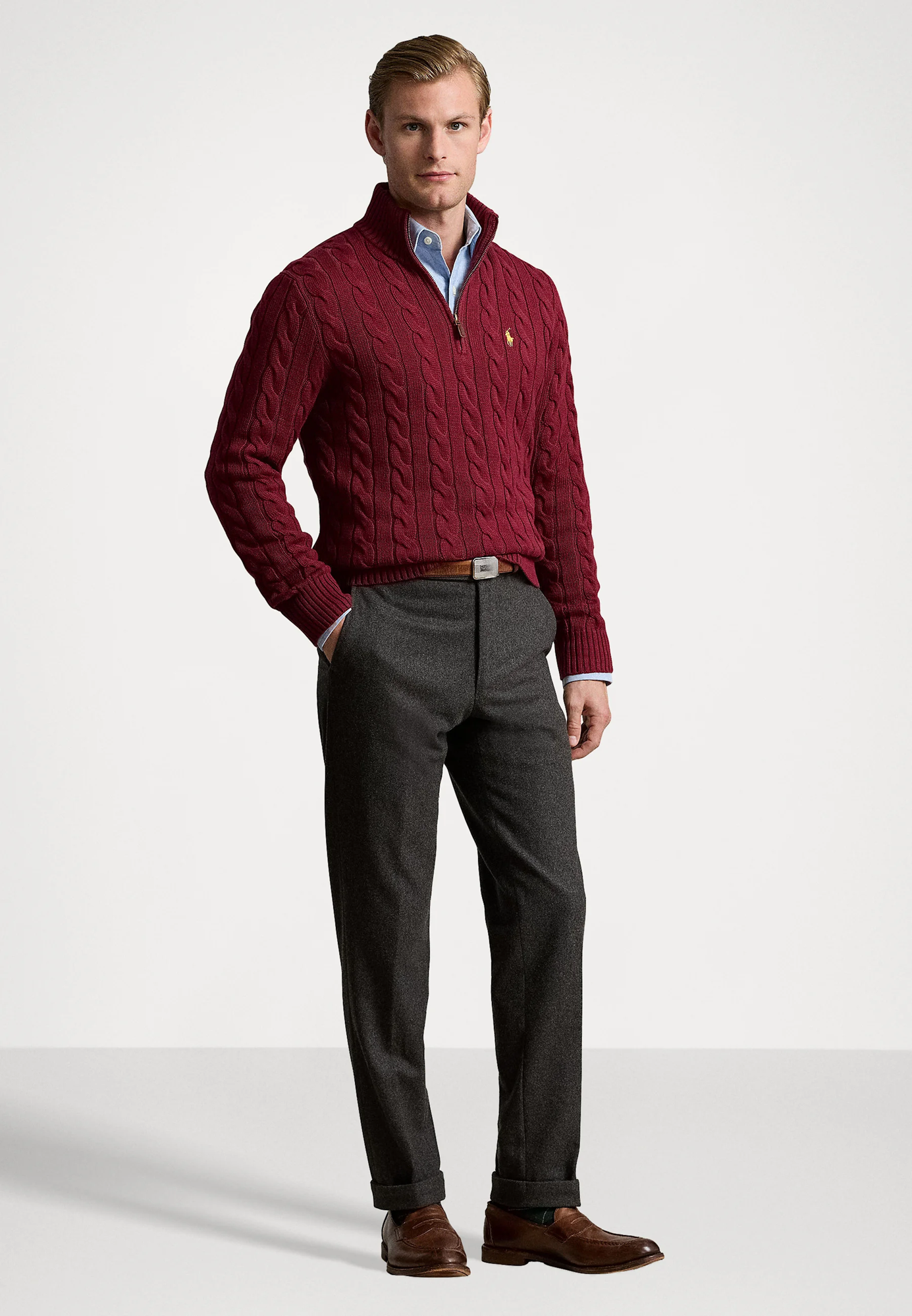 R.L Premium Cable-Knit Half Zipper Cotton Sweater (Meroon)