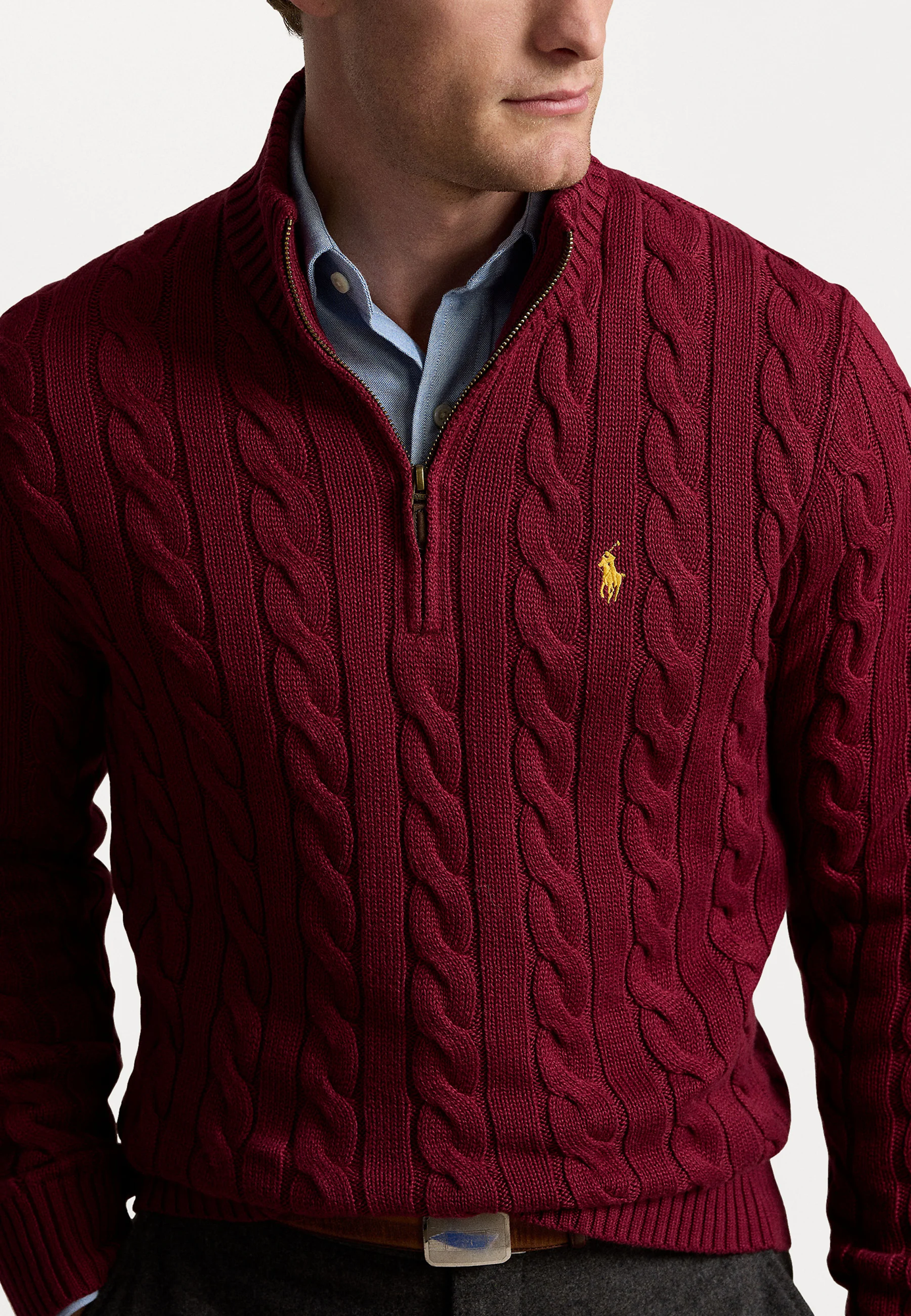 R.L Premium Cable-Knit Half Zipper Cotton Sweater (Meroon)