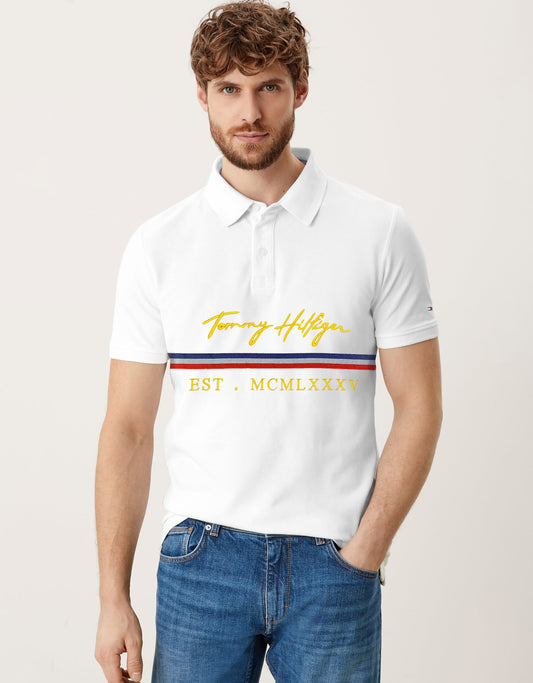 T.M.H Premium Polo Shirt With Strip (White)