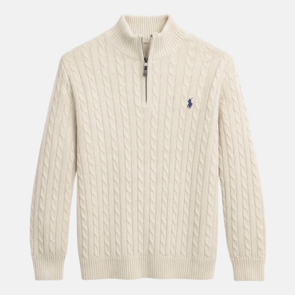 R.L (Imported) Premium Cable-Knit Half Zipper Cotton Sweater (Andover White) Pre-Order