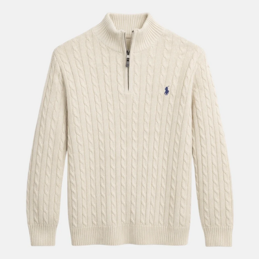 R.L (Imported) Premium Cable-Knit Half Zipper Cotton Sweater (Andover White) Pre-Order