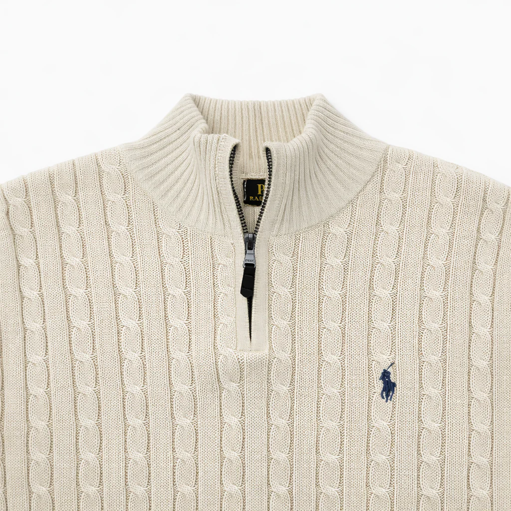 R.L (Imported) Premium Cable-Knit Half Zipper Cotton Sweater (Andover White) Pre-Order