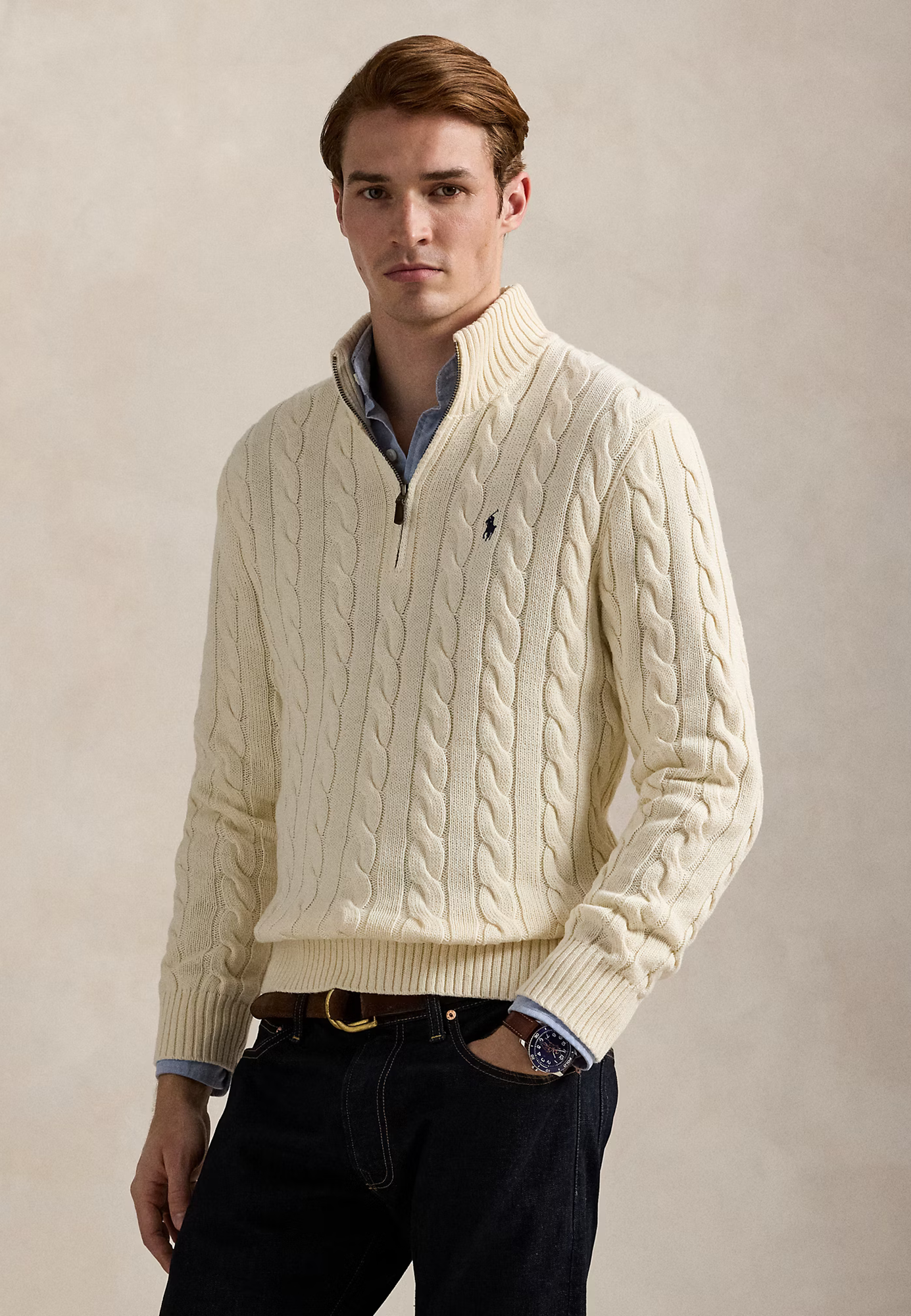 R.L Premium Cable-Knit Half Zipper Cotton Sweater (Andover White)