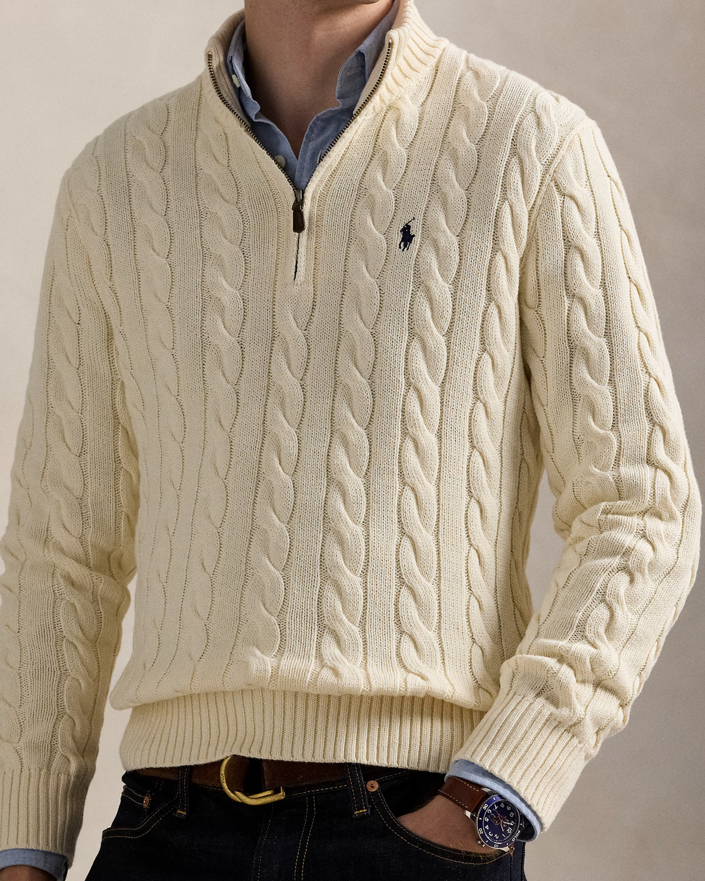 R.L Premium Cable-Knit Half Zipper Cotton Sweater (Andover White)