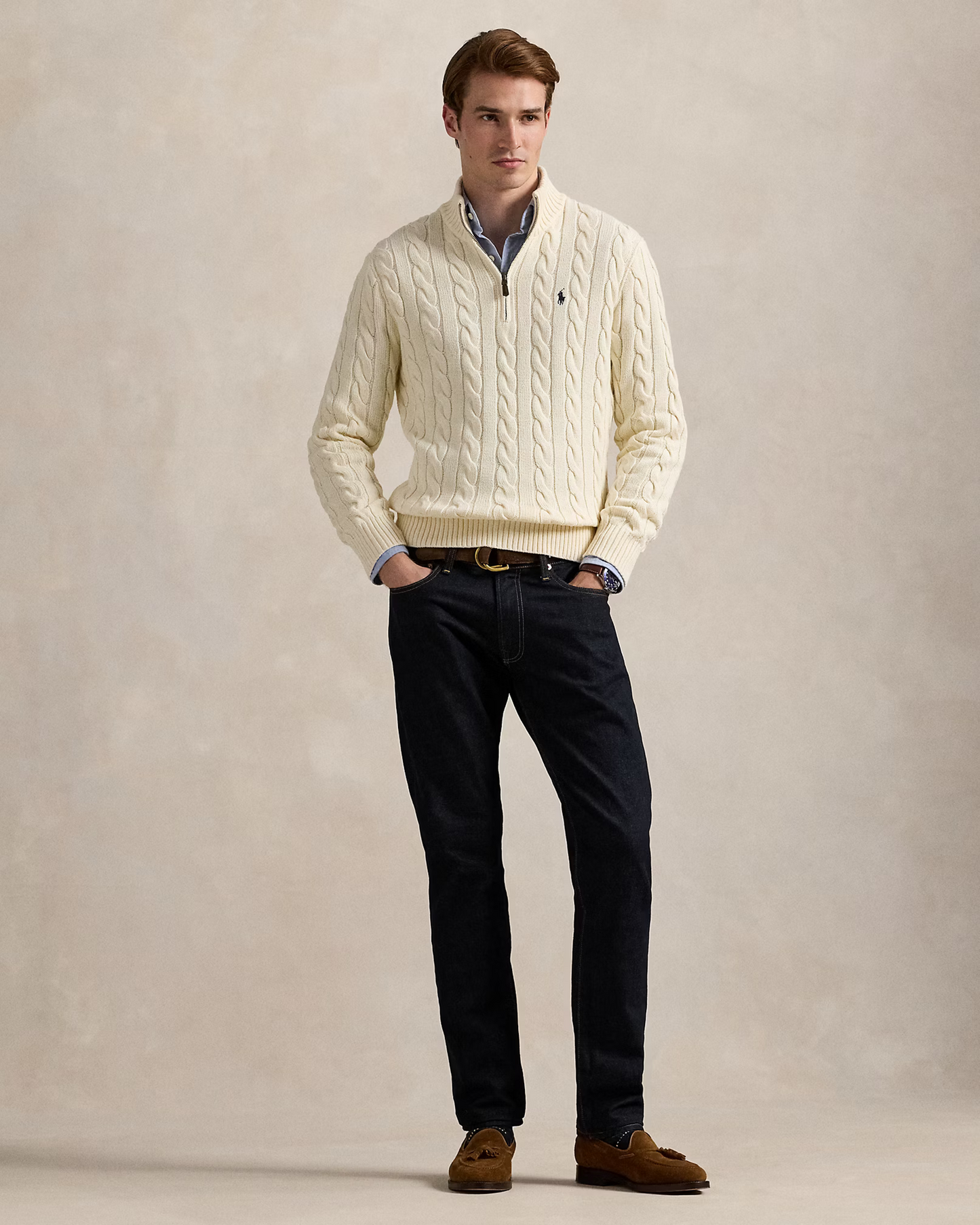 R.L Premium Cable-Knit Half Zipper Cotton Sweater (Andover White)