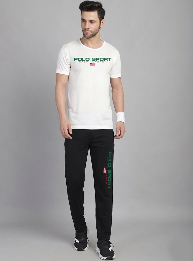 RL P Sport Premium Cotton Tracksuit  (White & Black)    (Shirt & Trouser)