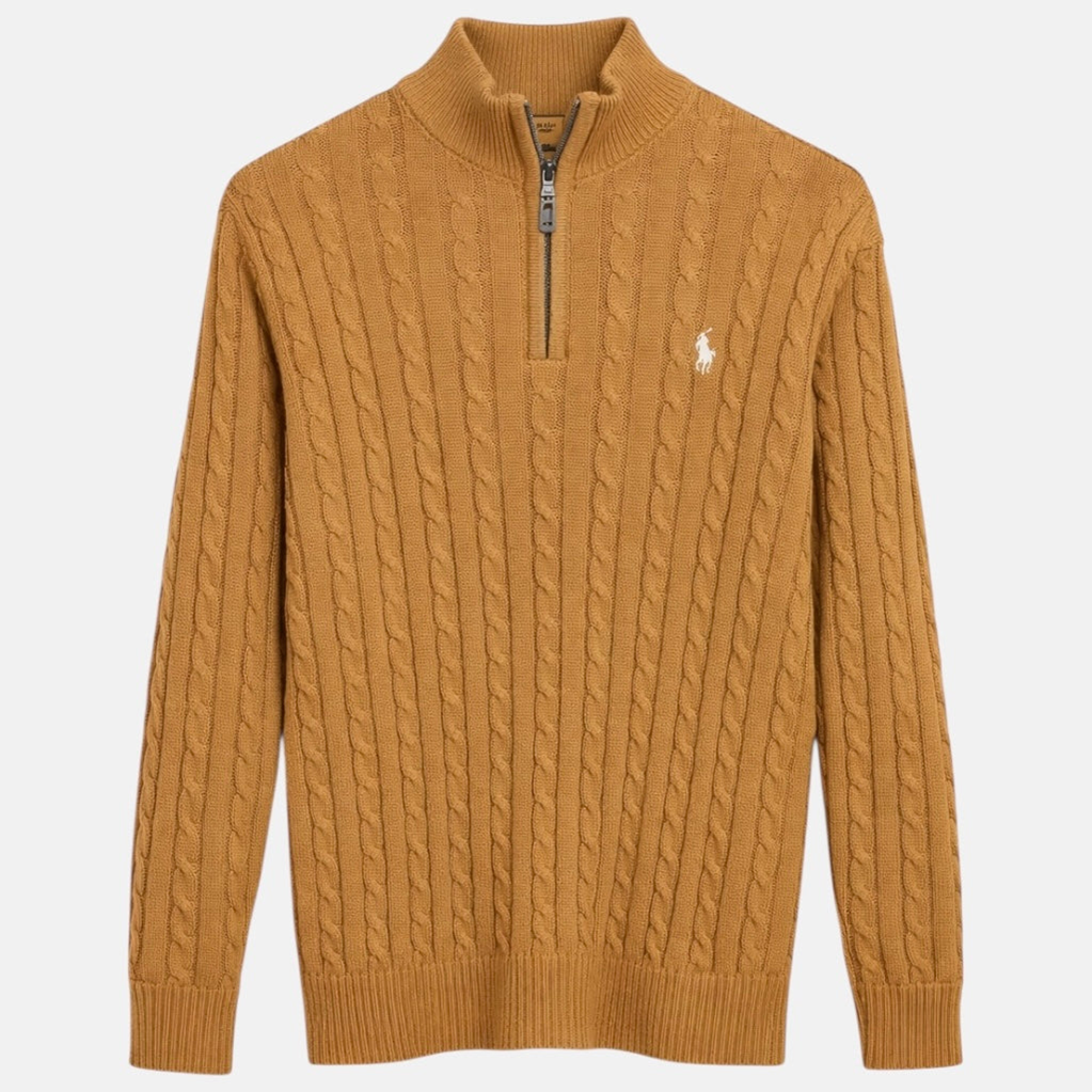 R.L (Imported) Premium Cable-Knit Half Zipper Cotton Sweater (Camel)