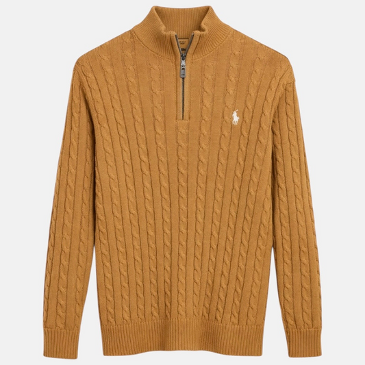 R.L (Imported) Premium Cable-Knit Half Zipper Cotton Sweater (Camel)