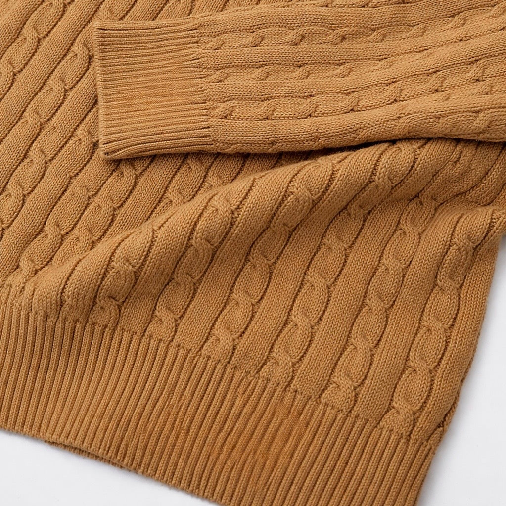 R.L (Imported) Premium Cable-Knit Half Zipper Cotton Sweater (Camel)